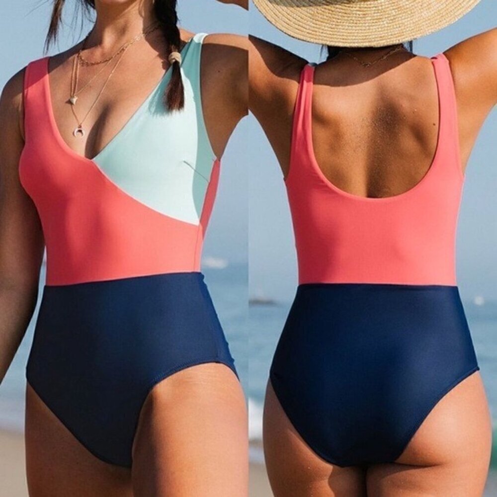 NWT One Piece Bathing Suit Swimsuit Size XXL Pink Navy Blue Color Block